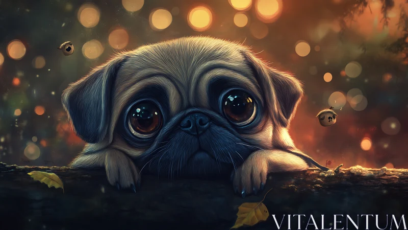 Moonlit pug daydream with acorn fireflies and soft bokeh glow.
