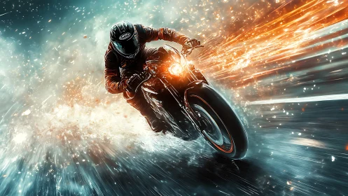 Motorcyclist on road with high speed light trails effect.