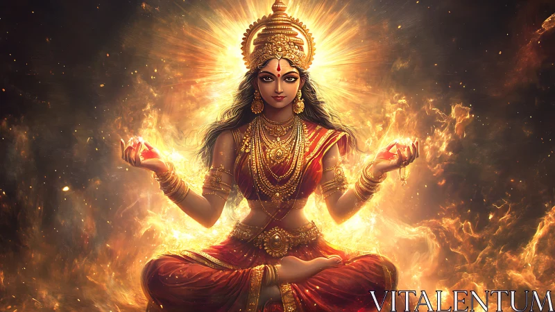 Radiant fire goddess meditates in a halo of divine light