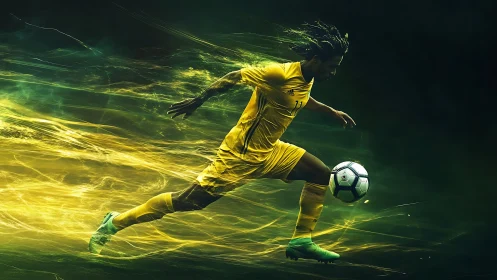 Explosive soccer sprint in neon yellow motion trails.