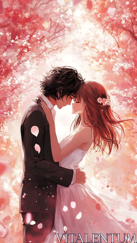 Romantic wedding couple embraces under soft pink blossoms