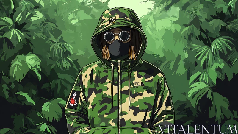 Camouflaged hooded figure stands masked within stylized jungle