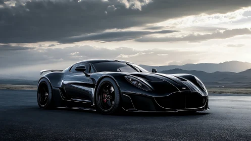 Black aerodynamic supercar sits on open road at dusk