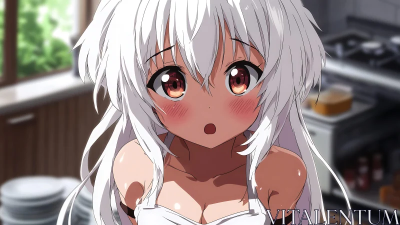 White haired anime girl in domestic kitchen setting.