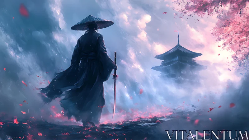 Solitary samurai strides toward mist veiled pagoda horizon.