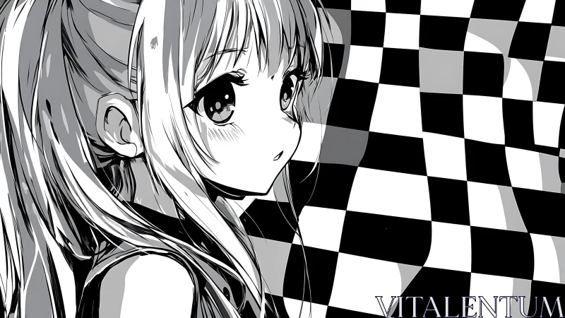 Monochrome anime portrait set before warped checkerboard field