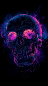 Neon-outlined skull floats in vaporous magenta and cyan haze