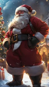 Digital Santa Claus standing in snowy Christmas village.