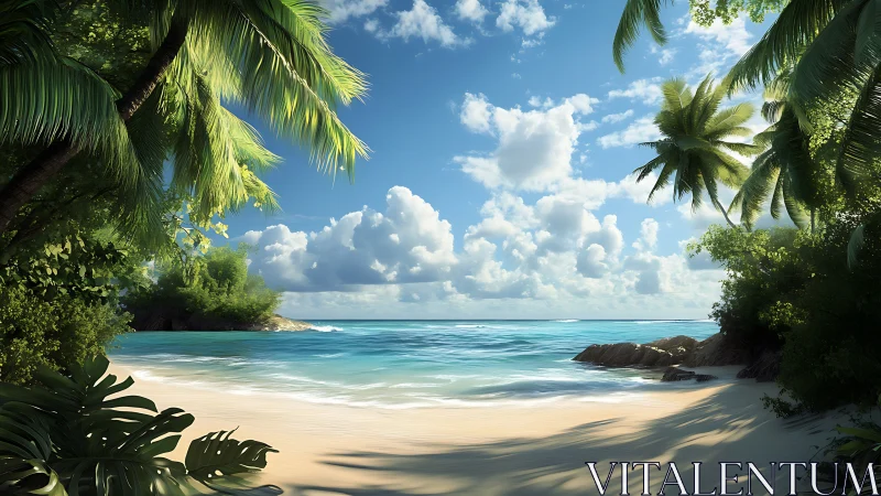 Tropical shoreline framed by lush vegetation with turquoise waters.