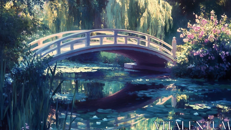 Sunlit garden bridge arches over reflective lily pond