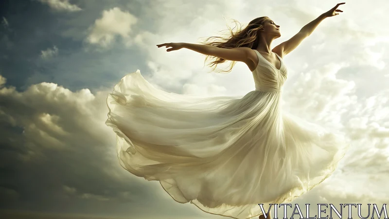 Ethereal woman in flowing white dress dancing above clouds.