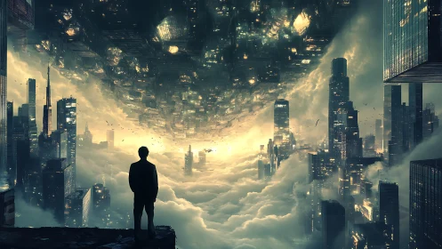 Surreal skyline mirrored above clouds with lone figure.