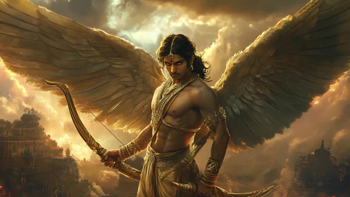 Winged archer claims the stormlit heavens with molten grace