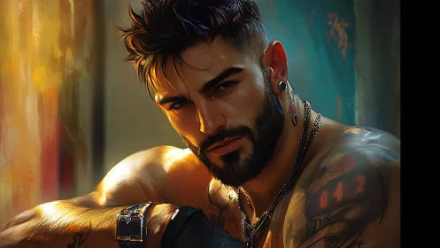 Brooding tattooed man in warm cinematic lighting portrait.