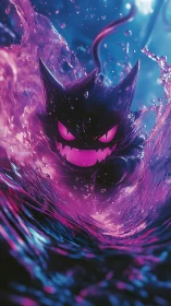 Ghostlike creature emerges through neon purple liquid