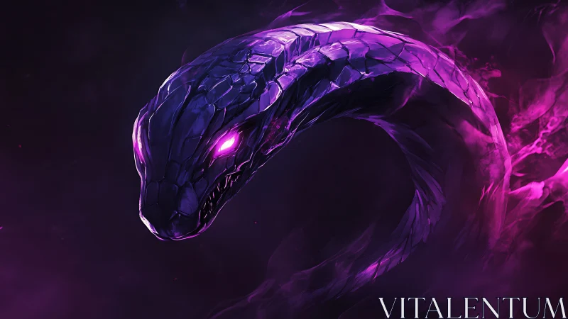Purple spectral serpent coiled in dark smoky void.