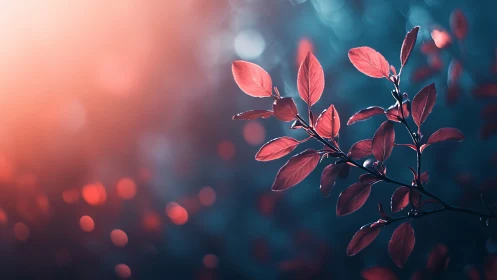 Macro bokeh study of red foliage with teal ambient backlight.