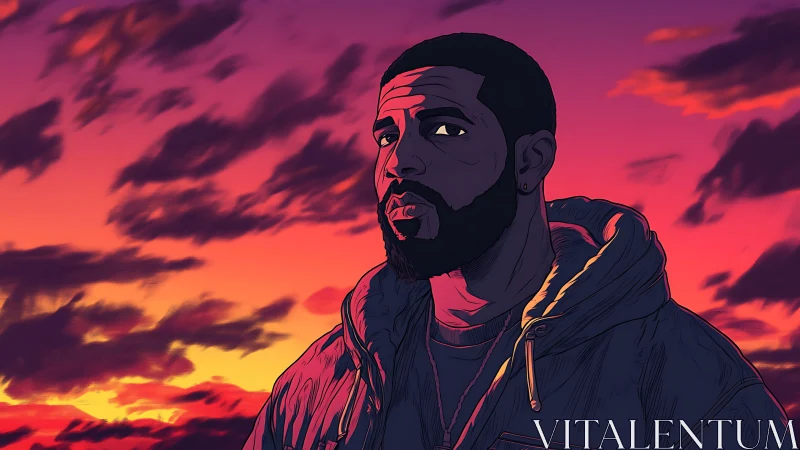 Digital portrait of man against vivid sunset sky backdrop.