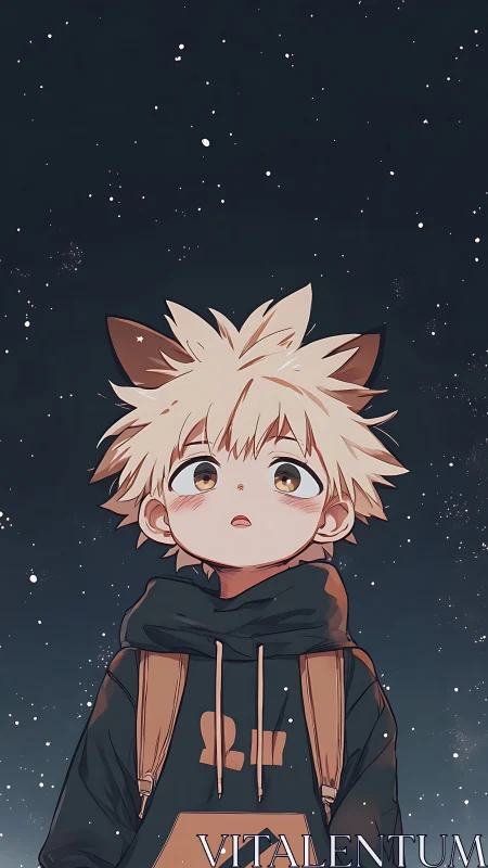 Anime boy with fox ears gazes upward against starry night