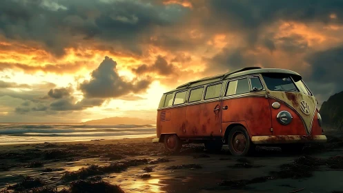 Rust-colored vintage van stands on wet coastal shoreline