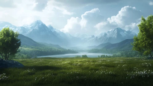 Whispering meadow before mist-veiled snowcapped mountains.