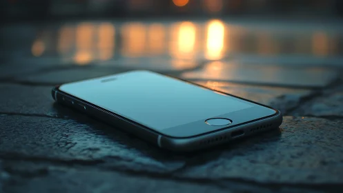 Smartphone on textured surface with bokeh light background.