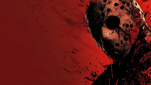 Blood-red slasher mask emerging from splattered shadows.
