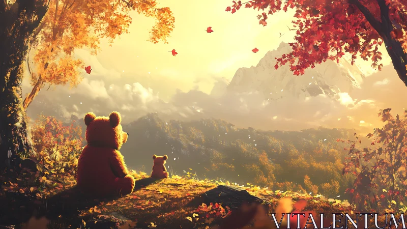 Autumnal ursine silhouettes observing irradiated alpine vista.