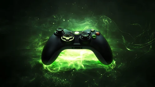Black game controller floating over glowing green light.
