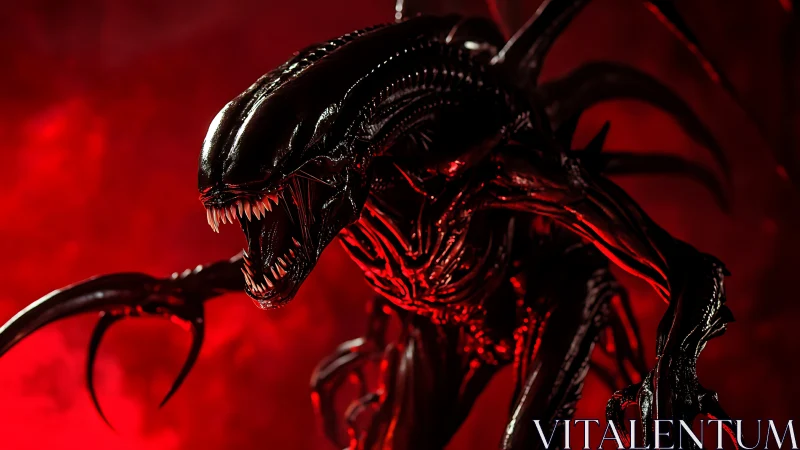 Ferocious alien creature rendered in red cinematic lighting.