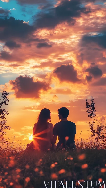 Two figures silhouetted against dramatic golden sunset sky.