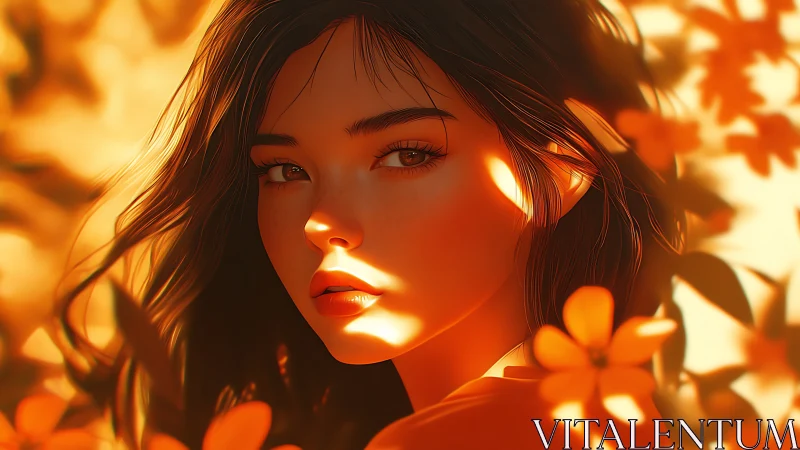 Soft portrait of woman in orange floral sunlight glow.