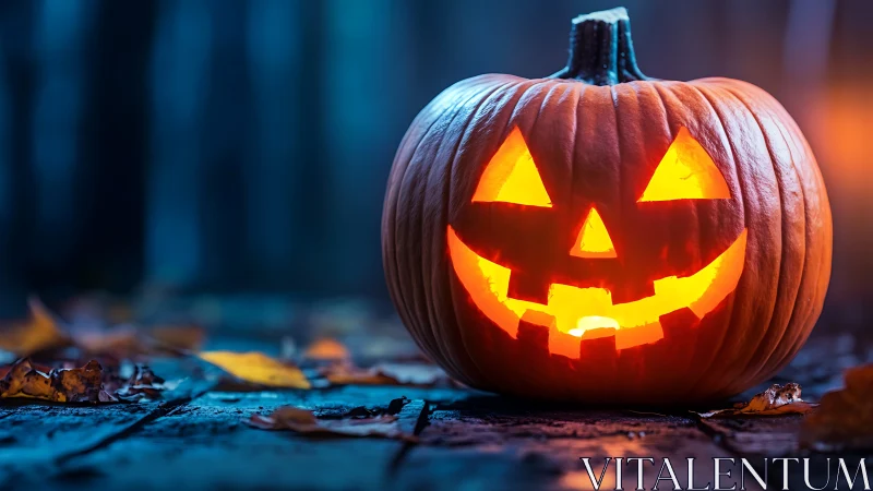 Illuminated carved pumpkin on wooden surface at dusk.