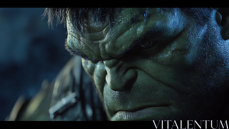 Intense close up of green-skinned brute in cinematic light.