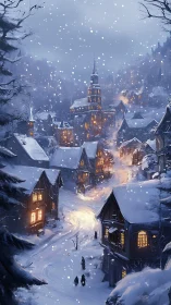 Snowfall blankets a glowing alpine village at dusk