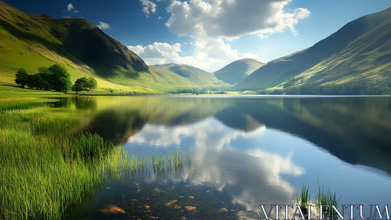 Highland lake with mirrored valley slopes in warm daylight
