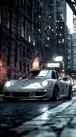 White sports car in cinematic rainy urban nightscape shot.