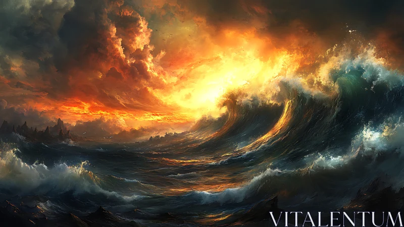 Titanic storm waves under incandescent apocalyptic sunset sky