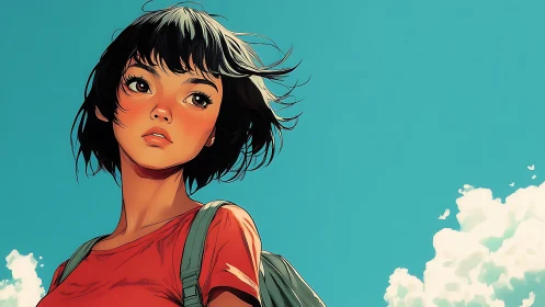 Daydreaming traveler under a bright, endless summer sky.