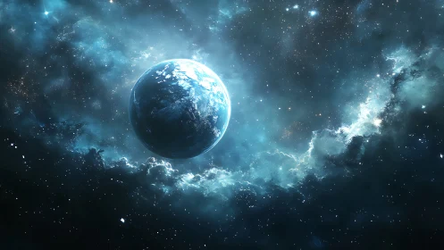 Blue planet drifts through a silver storm of newborn stars