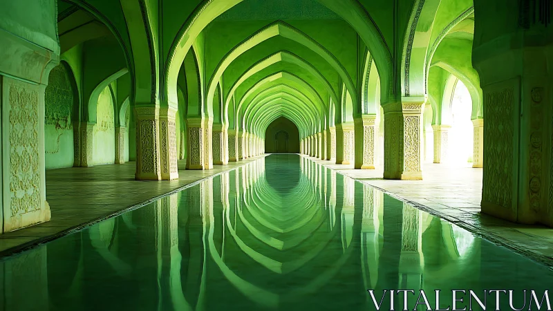 Emerald arches and quiet reflections inside a glowing hall.