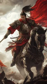 Armored warlord on rearing horse leads charge with dynamic red banners