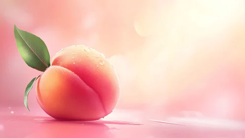 Luminous dewy peach resting on soft pastel surface.