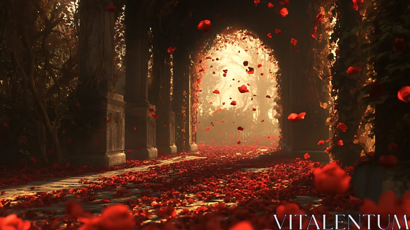 Enchanted stone archway filled with drifting red petals.