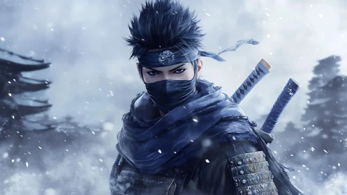 Masked winter ninja warrior stands in swirling snowstorm.