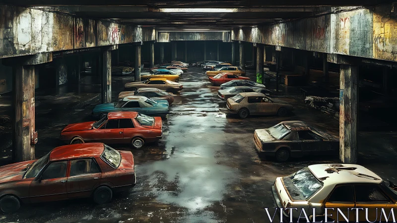 Row of abandoned cars fills decayed multi-level parking garage