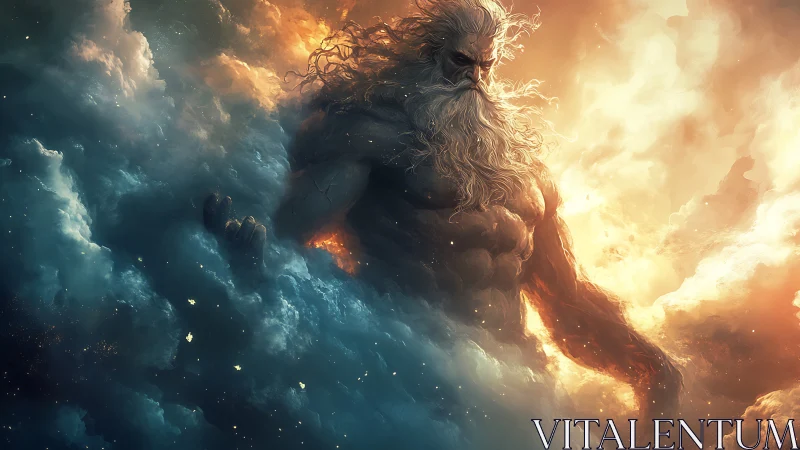 Gigantic bearded humanoid figure emerges between dense clouds