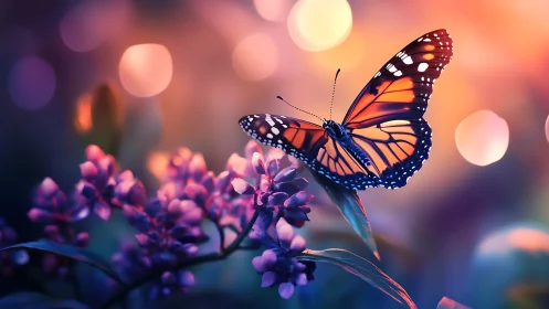 Orange butterfly over purple flowers in glowing sunset field.