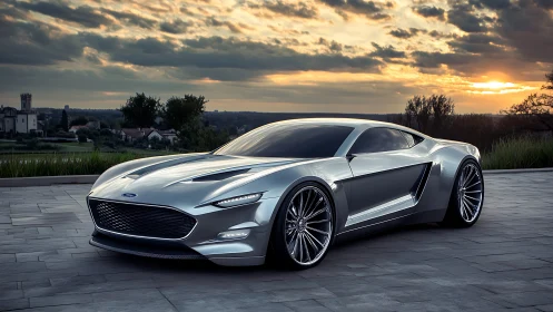 Photorealistic silver supercar concept in sunset courtyard scene.