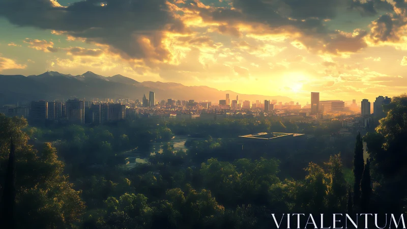 Sunlit city skyline emerges above misty forested parklands